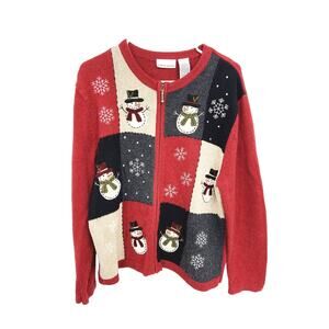 Vintage 90s Croft & Barrow Hand Knitted Snowman Cardigan Sweater Full Zip Sz L